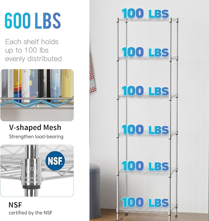 6 Tiers Wire Shelving 12" Dx17 Wx64 H Metal Frame Storage Shelves Easy Setup NSF Certified Storage Shelf Rack Shelf with Leveling Feet for Home Garage Kitchen Pantry, Chrome