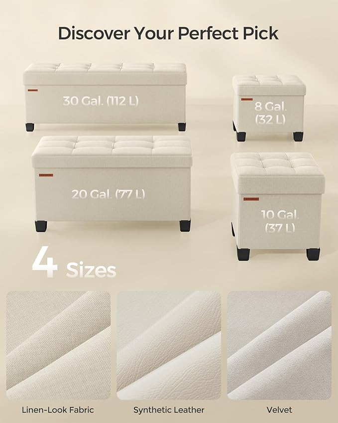 SONGMICS Storage Ottoman, Small Ottoman Foot Rest with Legs, 12.6 x 15.7 x 13.2 Inches Foot Stool, Load up to 660 lb, for Living Room, Bedroom, Dorm, Cream White ULSF012W01