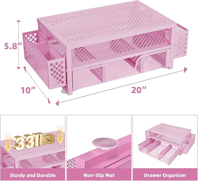 Simple Trending 2 Tier Metal Monitor Stand Monitor riser and Computer Desk Organizer with Drawer and Pen Holder for Laptop, Computer, iMac, Pink