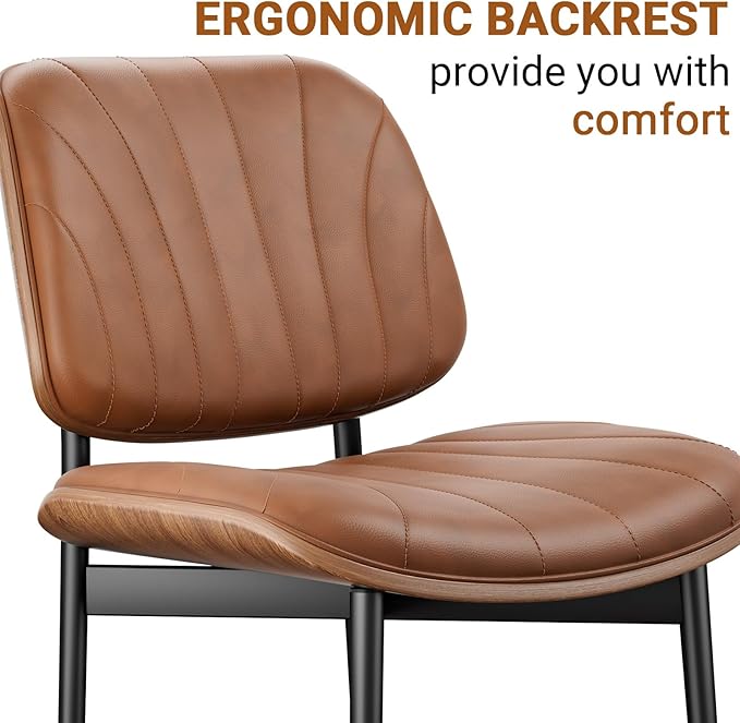 Dining Chairs Set of 8, Mid-Century Modern Upholstered PU Leather Chairs with Walnut Bentwood Back and Metal Legs Adjustable Feet for Kitchen Dining Room, Camel Shell Strips