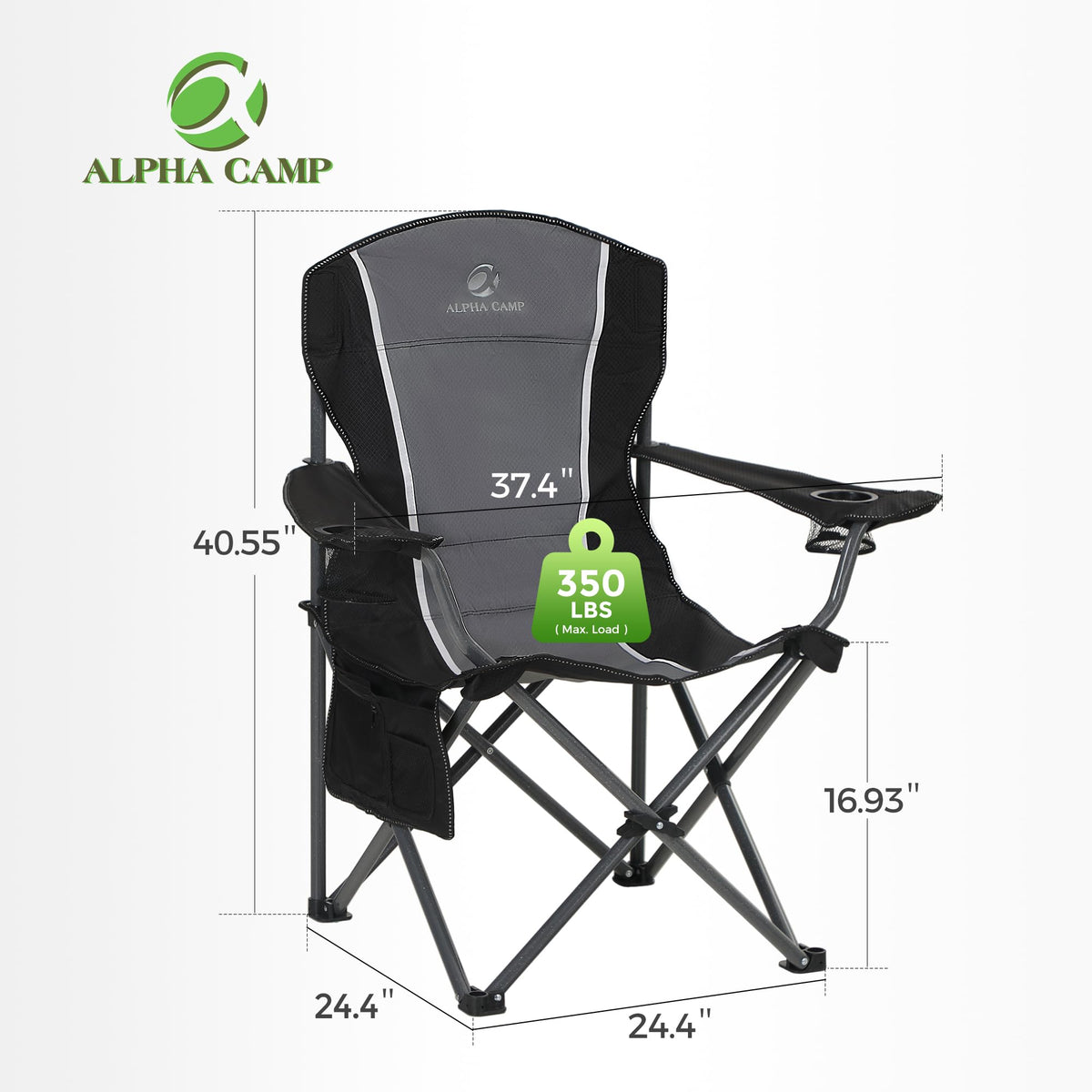 ALPHA CAMP Oversized Camping Folding Chair - Heavy Duty Steel Frame Support 350 LBS, Collapsible Padded Arm With Cup Holder, Quad Lumbar Back, Portable for Outdoor/Indoor