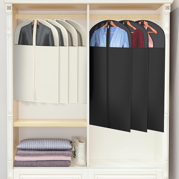 Univivi Suit Bags for Closet Storage, 40" Garment Bags for Hanging Clothes, Garment Bag for Travel and Storage with Large Visible Window for Suit Coat, Jacket, Sweaters (Set of 6), Biege