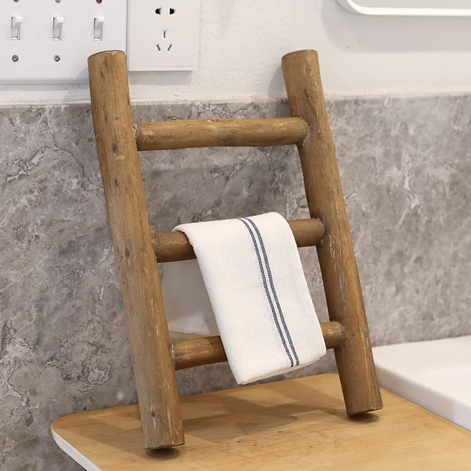 FUIN Fully Assembled Wooden Tea Towel Ladder, Mini Ladder Towel Rack Display Hanger, Small Rustic Farmhouse Tea Towel Stand Holder for Country Bathroom Decor, Brown