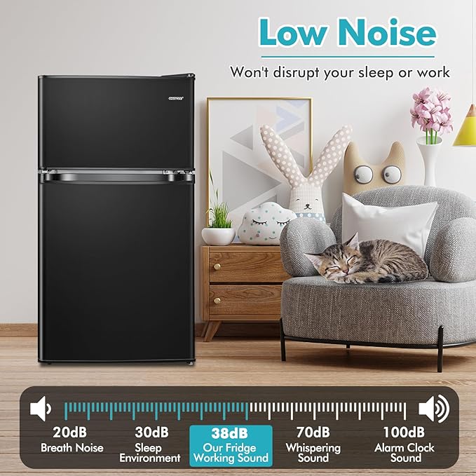 COSTWAY Compact Refrigerator, 3.2 Cu.Ft. Fridge Freezer Compartment with Reversible 2 Door, Adjustable Thermostat, Removable Glass Shelves, Mini Refrigerator for Bedroom Dorm Apartment, Black