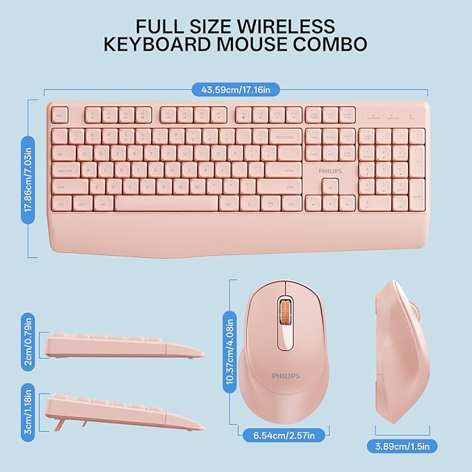 PHILIPS Wireless Keyboard and Mouse Combo-Ergonomic Keyboard and Mouse Wireless Combo with Silent Design,Plug n' Play,Sleep Mode and 2.4GHz Keyboard for Mac, Windows, Laptop-Pink