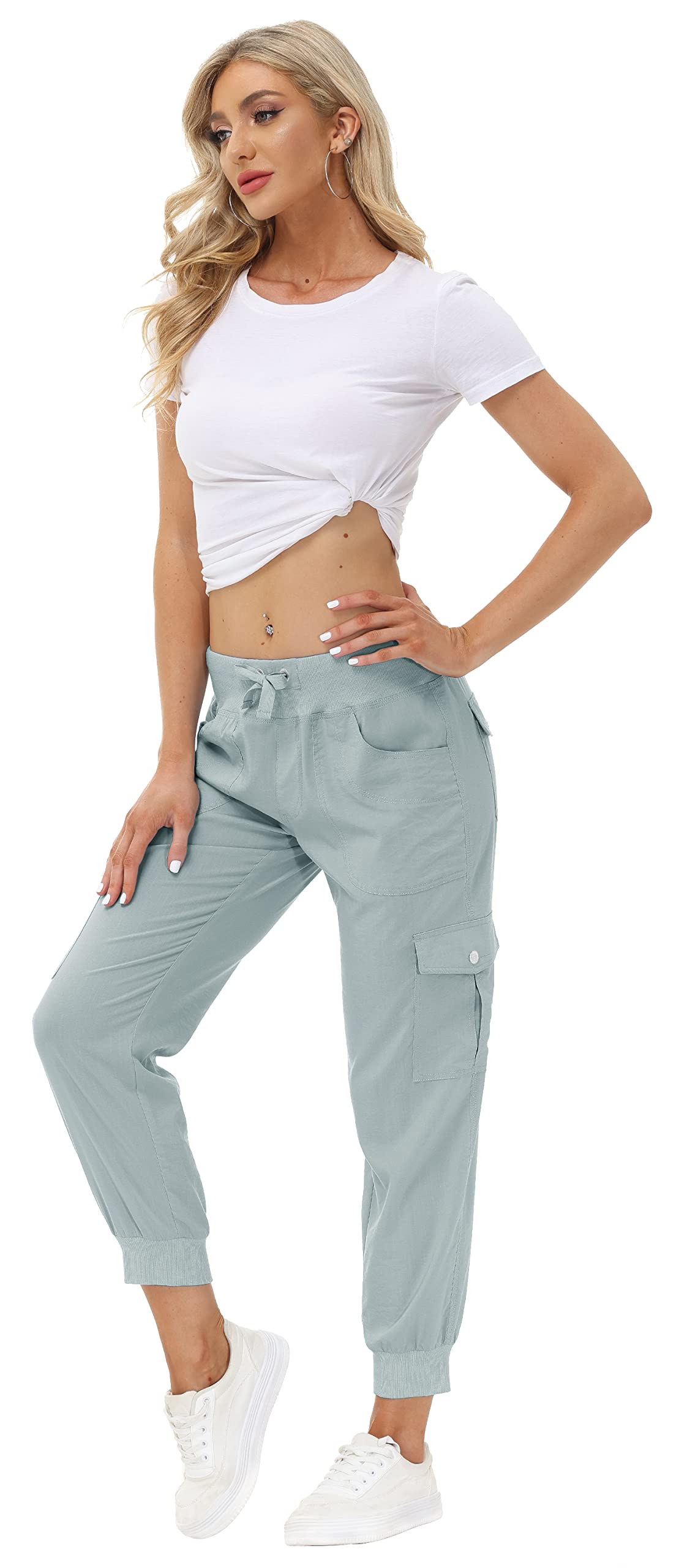 MoFiz Women Cargo Pants with Pockets Lightweight Outdoor Summer Travel Casual Hiking Pants Running Joggers Sweatpants Elastic Waist Light Grey 3XL