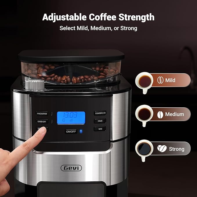 Gevi 10-Cup Drip Coffee Maker with Built-in Burr Grinder & Programmable Timer, 1.5L Water Tank, Auto Keep-Warm, Reusable Filter - Fresh Ground Coffee Machine (Black)