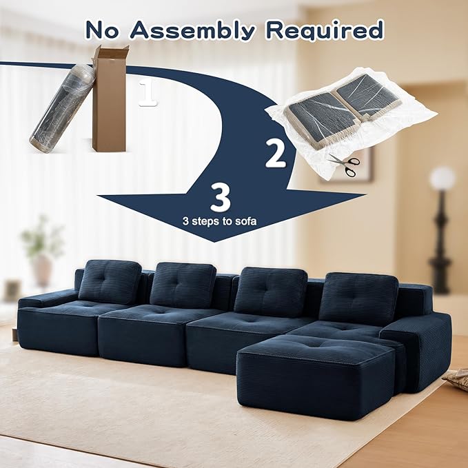 150" Modern Corduroy Cloud Sofa with Ottoman, L Shaped Boneless Modular Large Sectional Couches for Living Room, Blue 4 Seater Compressed Memory Foam Couch, Extra Deep Seat, No Assembly