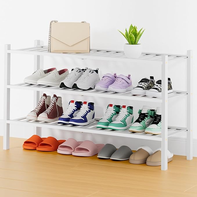 Smiry Shoe Rack, 3 Tier Thick Long Bamboo Shoe Organizer, Stackable Free Standing Wooden Shoe Storage Shelf for Closet, Entryway, Front Door Entrance, White