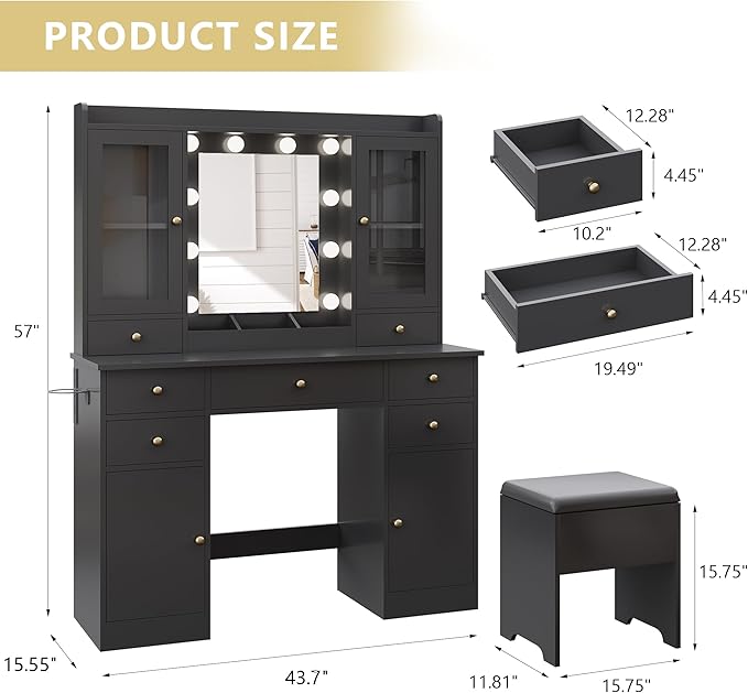 Makeup Vanity Desk with Mirror and Lights, Black Vanity Table Set with Storage Drawers, Charging Station, Cabinets & Chair, Large Dressing Table with RGB Ambient Light for Women Girls Bedroom Bathroom