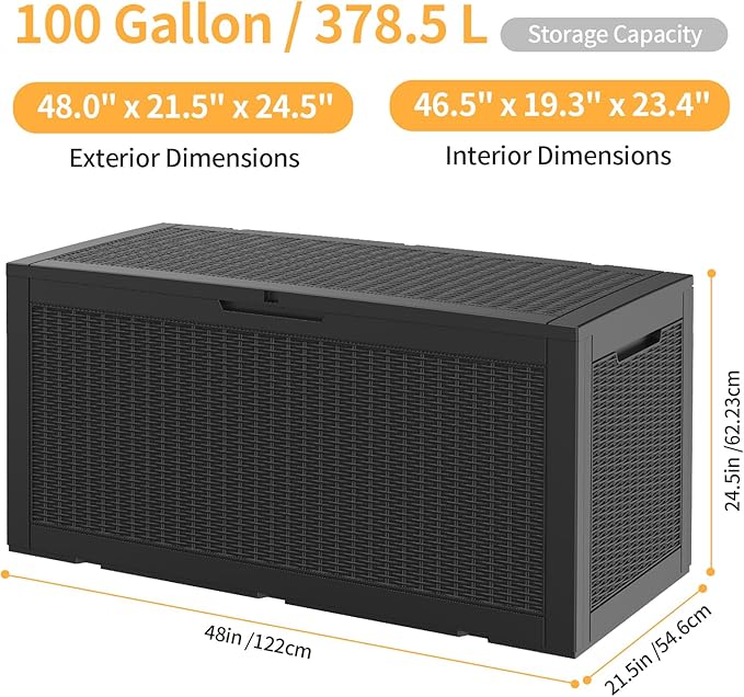 100 Gallon Outdoor Storage Box,Waterproof Lockable Resin Deck Box,Storage Container with Reinforced Support for Patio Cushions, Furniture Supplies, Garden Tools, UV-Resistant Outdoor Chest (Black)
