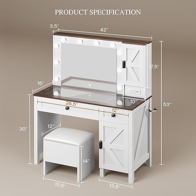 YITAHOME Makeup Vanity Desk with Mirror and Lights, Farmhouse Vanity Table with Charging Station, 42'' Dressing Table with 2 Drawers & 6 Cabinets, 3 Color Lighting Modes, for Bedroom, White