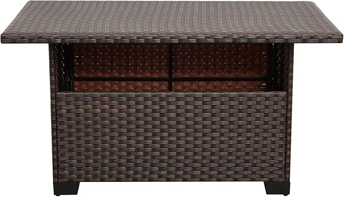 46 Inches Outdoor Coffee Table with Storage Wicker Patio Table Outdoor Dining Table with Glass Tabletop, Brown