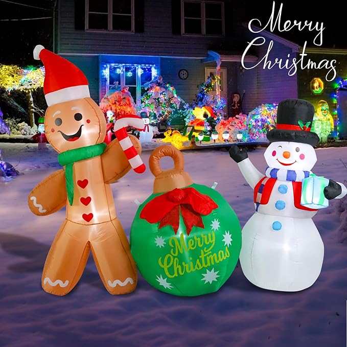 Bshine Christmas Inflatable Outdoor Decorations, 5.9FT Cute Gingerbread Man Snowman Celebration Sign Blow Up Yard Decor with LED Lighted for Holiday Xmas Outdoor Indoor Home Garden Lawn Decorations