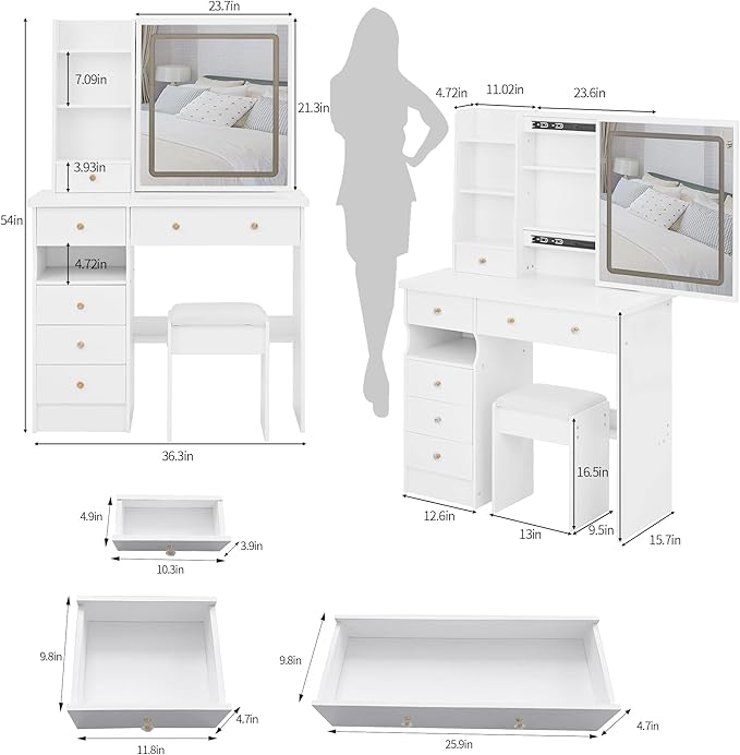 37" Vanity Desk with Mirror and Lights, Makeup Table with Led Lights and Sliding Mirror, 3 Lighting Colors, Vanity Set with 6 Drawers and Stool for Bedroom, White
