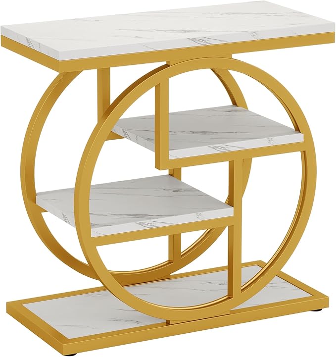 Tribesigns End Table Set of 2, Narrow Faux Marble Side Table with Storage Shelves, 4-Tier Modern Skinny Sofa Side Table with Geometric Metal Frame for Bedroom, Living Room, White & Gold