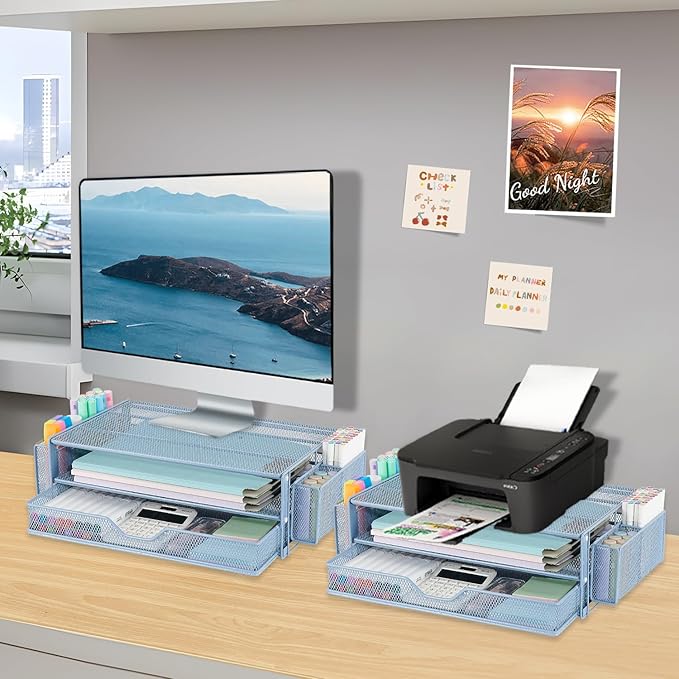 AUPSEN Computer Monitor Stands Riser,2-Tier Desk Organizers and Accessories, Office Desk Accessories Organizer with Drawers and 2 Pen Holder for Office Supplies (Blue)