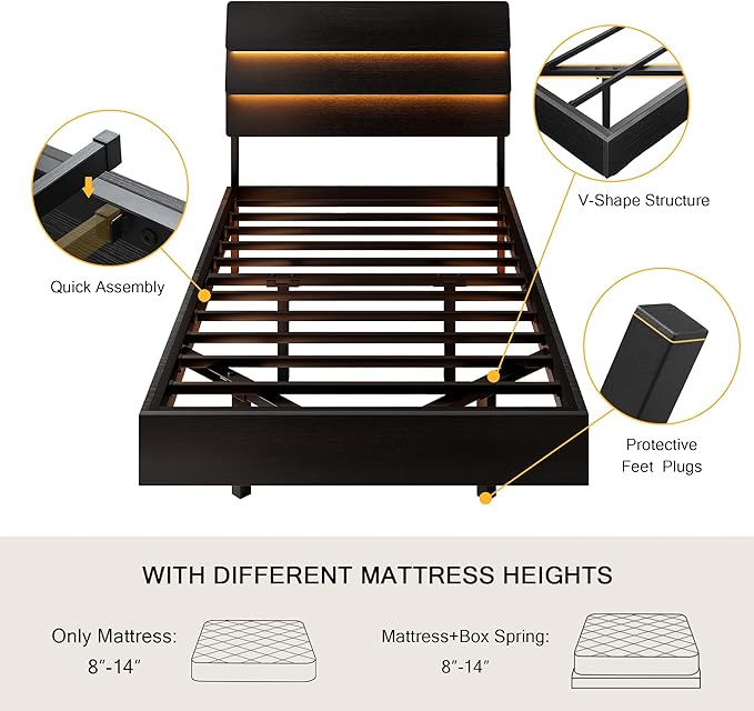 Floating Bed Frame Twin Size with Led Headboard and Charging Station, Metal Platform Bed Base with Storage, Remote Control, Heavy Slats Support, No Box Spring Needed, Noise Free, Black