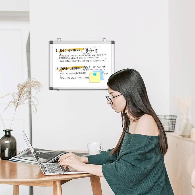 WALGLASS Double-Sided White Board, 16" x 12" Small Dry Erase Board Magnetic Whiteboard for Wall, Hanging Mounted Whiteboard Silver Aluminium Frame for Home, School, Office, Kitchen