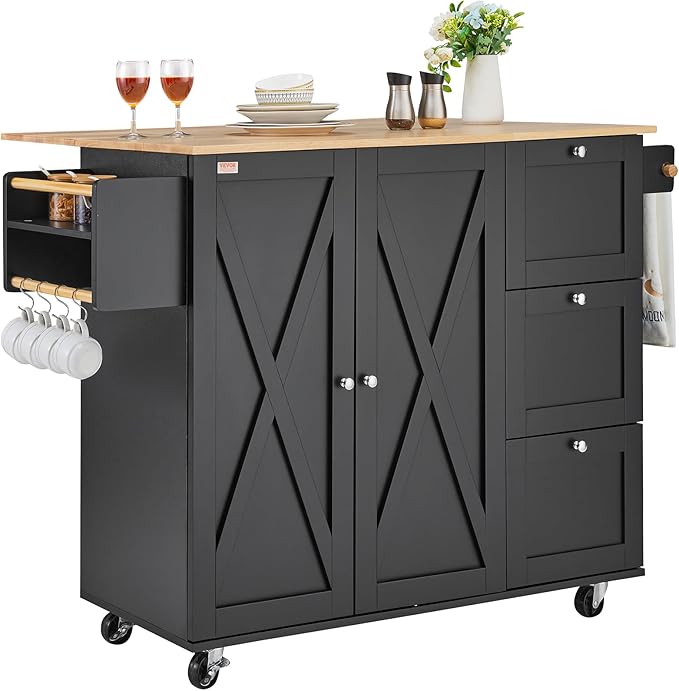 VEVOR Kitchen Island Cart, Rolling Table with Drop Leaf, Spice Rack, Towel Bar, Adjustable Shelf, Drawer, and Hooks, Mobile Island on Wheels, Mobile Carts with Storage Cabinet, 45.3" Wood Top, Black