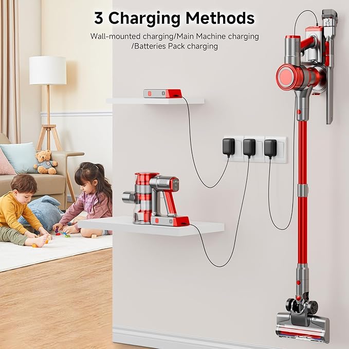 Cordless Vacuum Cleaner, 35Kpa Vacuum Cleaner for Home, 45Mins Stick Vacuum with LED Display, Anti-Tangle & Wall Mount Charging, 6 in 1 Lightweight Vacuum for Hard Floors, Carpet, Pet Hair (red)