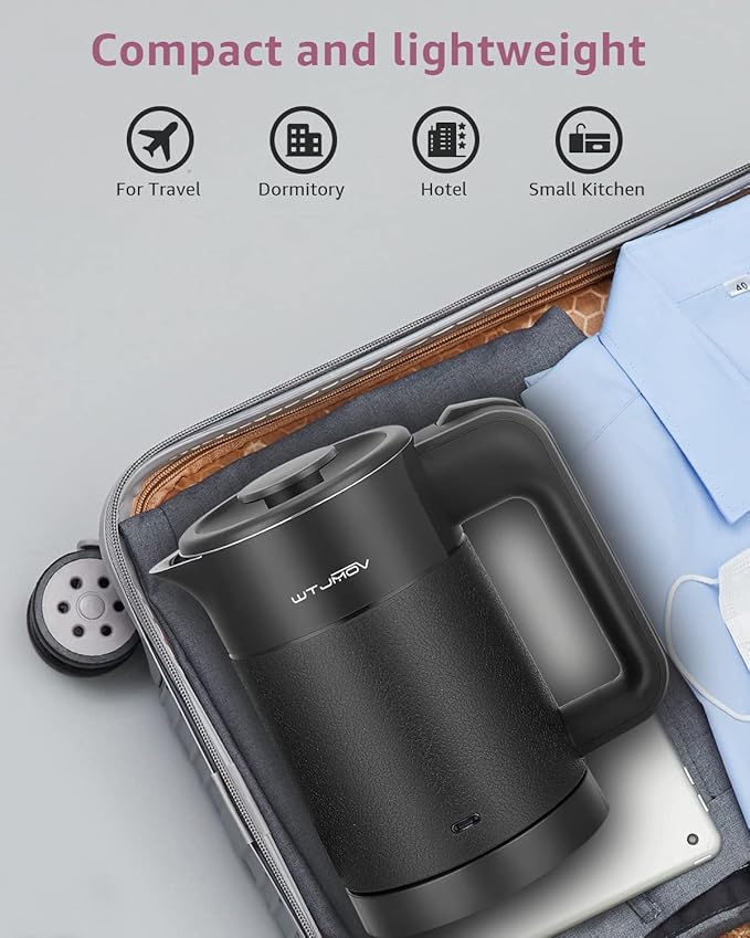 WTJMOV 0.6L Small Electric Tea Kettle Lightweight, 20 Ounce Double Wall Hot Water Boiler Stainless Steel Auto Shut-off, 120V Portable Travel Electric Kettle Fast Boil for Tea and Coffee, Black
