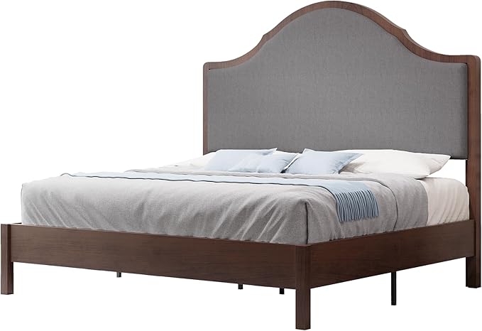 Jocisland Wood Full Size Bed Frame with Tall Upholstered Curved Headboard, Solid Wood Platform, No Box Spring Needed, Wood Slat Support, Brown