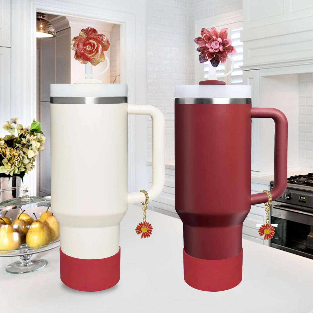 Stanley Cup Accessories Set,Including 2 Pcs 0.4in Straw Cover, 1 Silicone Spill-Proof Stopper Set of 3, 1 Cute Flower Handle Charm, 1 Silicone Boot Fits Stanley 40&30 Oz Tumbler (Cranberry)