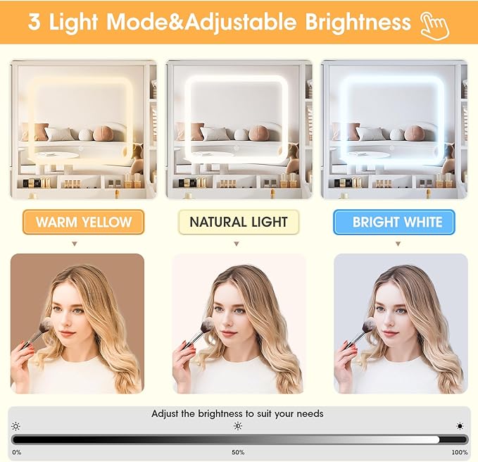 44.5" W Large Vanity Desk with Mirror,Cushioned Stool Makeup Vanity Table Set with Adjustable LED Lights and Power Outlet,Storage Drawers,Shelves for Bedroom Dressing Room White