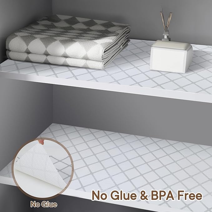 Shelf and Drawer Liner for Kitchen Cabinets Non-Adhesive, Strong Grip Non-Slip Thickened Cabinet Liners for Shelves, Waterproof Mats for Dresser Cupboard, Silver Stripe, 24 in x 10 Feet