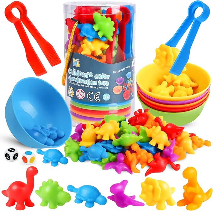 Skrtuan Counting Dinosaur Matching Toys with Sorting Bowls Montessori Preschool Educational Activities Learning Color Sorting Fine Motor Skills Sensory Toys Birthday Gift for 3 4 5 Year Old Boys Girls