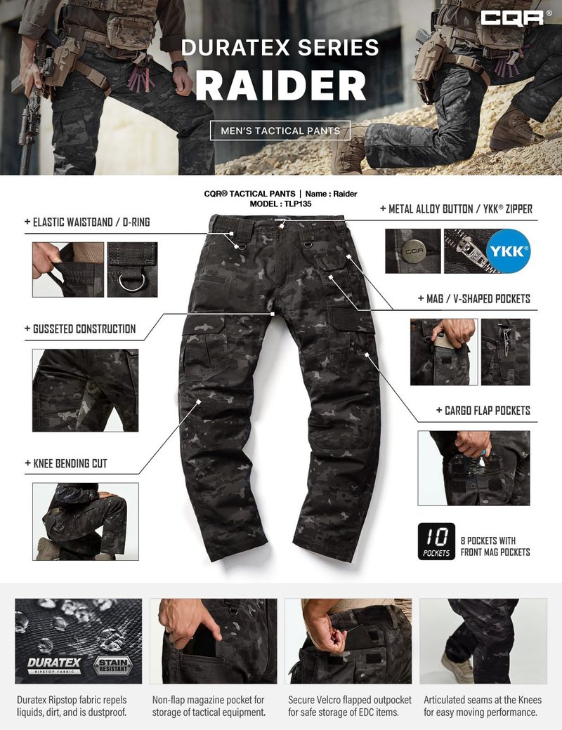 CQR Men's Tactical Pants, Water Resistant Ripstop Cargo Pants, Lightweight EDC Work Hiking Pants, Outdoor Apparel, Duratex Mag Pocket Print Utility Camo Black, 32W x 34L