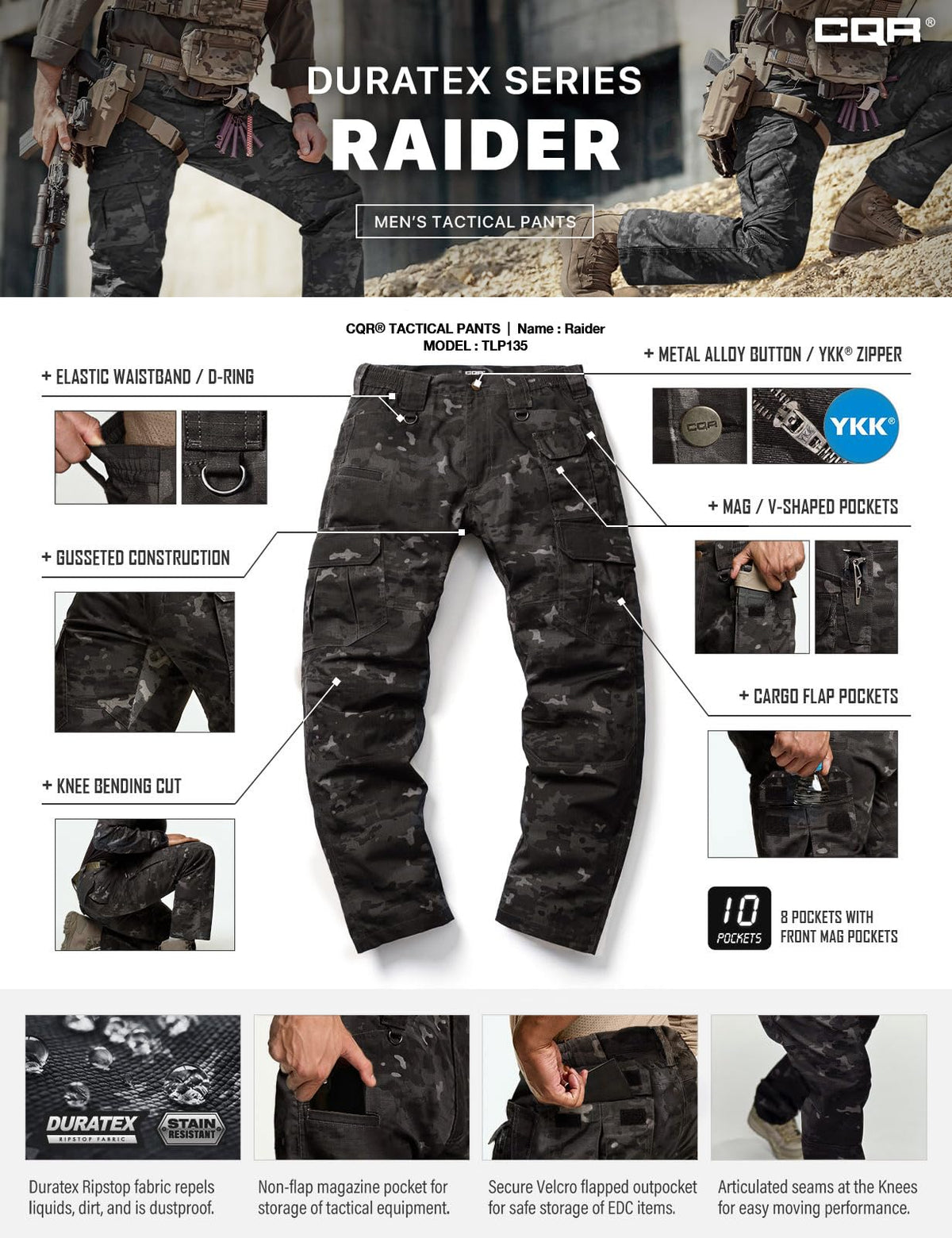 CQR Men's Tactical Pants, Water Resistant Ripstop Cargo Pants, Lightweight EDC Work Hiking Pants, Outdoor Apparel, Duratex Mag Pocket Print Utility Camo Black, 38W x 32L
