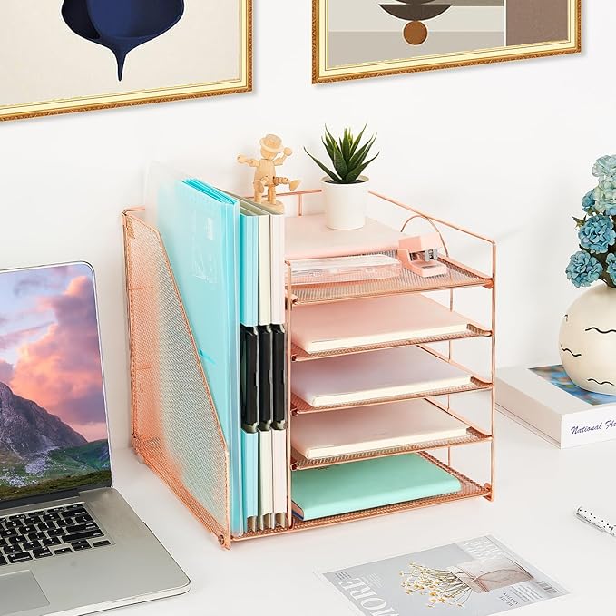 AUPSEN Desk Organizer with File Holder, 5 Trays Paper Letter Tray Organizer, Mesh Desk Organizers and Accessoriesand for Home Office (Rose Gold)