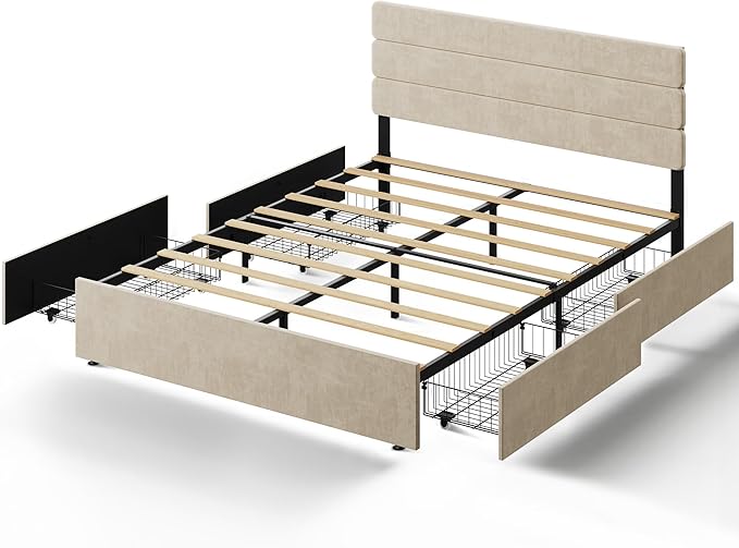 WLIVE Queen Size Upholstered Bed Frame with 4 Drawers and Velvet Square Tufted Headboard, Sturdy Metal & Wooden Slats Support, No Box Spring Needed, Easy Assembly, Beige