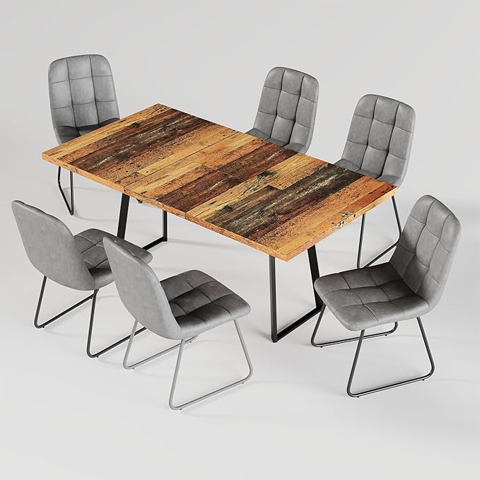 ZckyCine Extendable Dining Table Set 47"-63", Rustic Wood Table with 6 PU Leather Chairs, Modern Scandinavian Dining Room Furniture for Kitchen Apartment