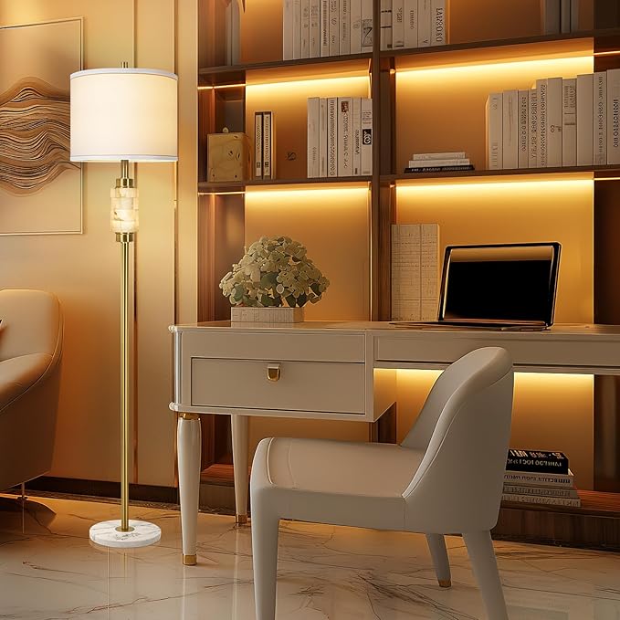 Natural Alabaster Floor Lamp, Floor Lamps for Living Room, Standing Lamp with Night Light, Linen Shade, Marble Base, Gold Floor Lamp, Tall Lamp for Bedroom, Living Room,Office(Bulb Included)