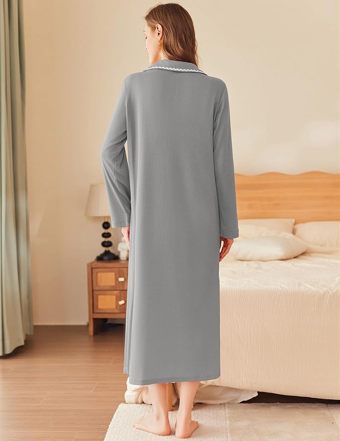 Ekouaer Zipper Robes for Women Long Waffle Knit Bathrobe Lightweight Long Sleeves Robe Soft Sleepwear with Pockets S-XXL