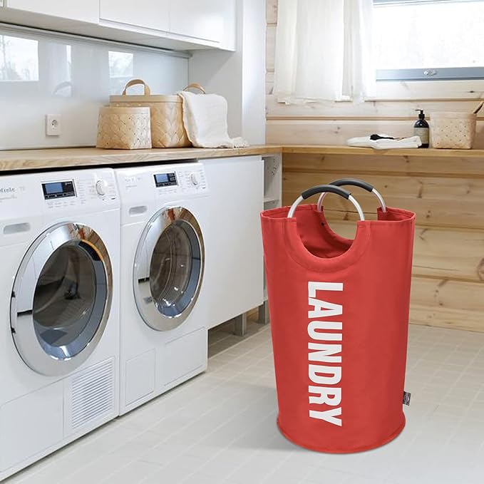 DOKEHOM 90L Large Laundry Basket, Collapsible Laundry Bag, Freestanding Tall Clothes Hamper, Foldable Washing Bin (Red)
