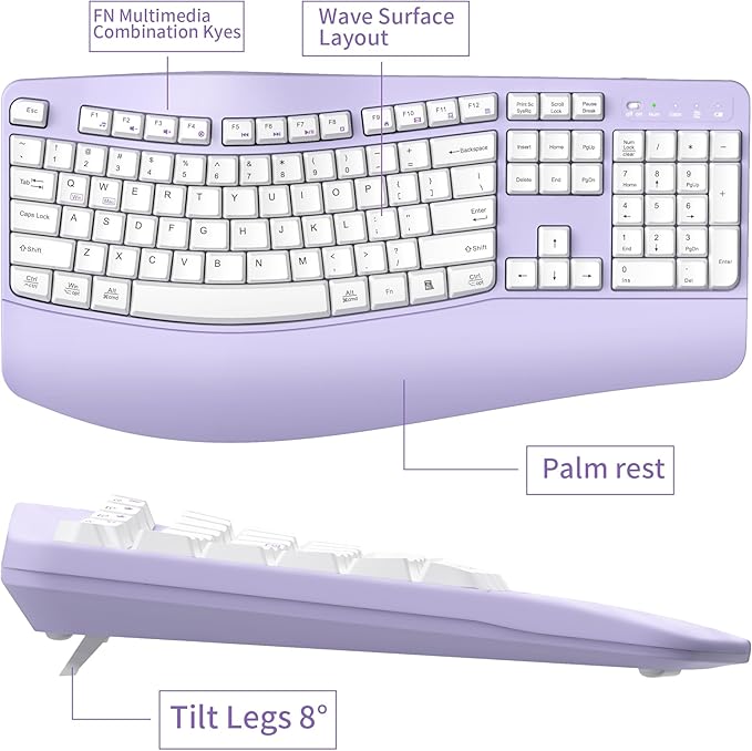 Ergonomic Wireless Keyboard and Mouse Combo, Wave Keys Keyboard with Wrist Rest for Natural Typing, 3 DPI Adjustable Ergonomic Silent Mouse for Computer/Laptop/Windows/Mac (Purple)