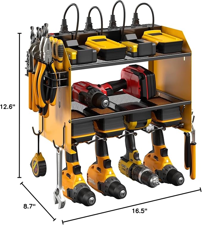CCCEI Set Power Tool Organizer Wall Mount with Charging Station. Garage 4 Drill Storage Shelf with Hooks, Heavy Duty Metal Tool Battery Charger Organizer. Shop Utility Rack with Power Strip Yellow.