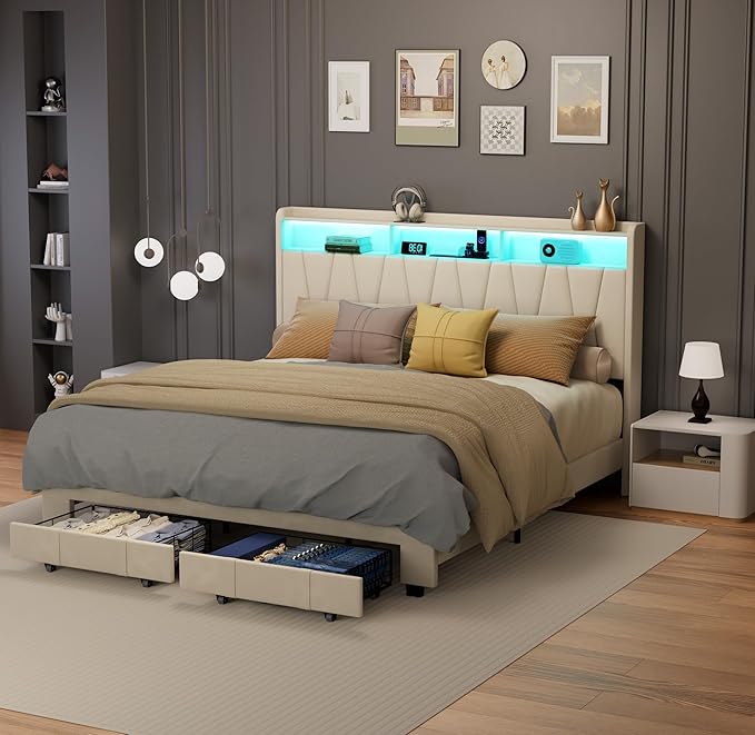 King Size Bed Frame, Velvet Upholstered LED Platform Bed with Headboard Storage, King Bed Frame Built-in Charging Station with 2 Drawers, Wood Slat Support, No Box Spring Needed, Beige
