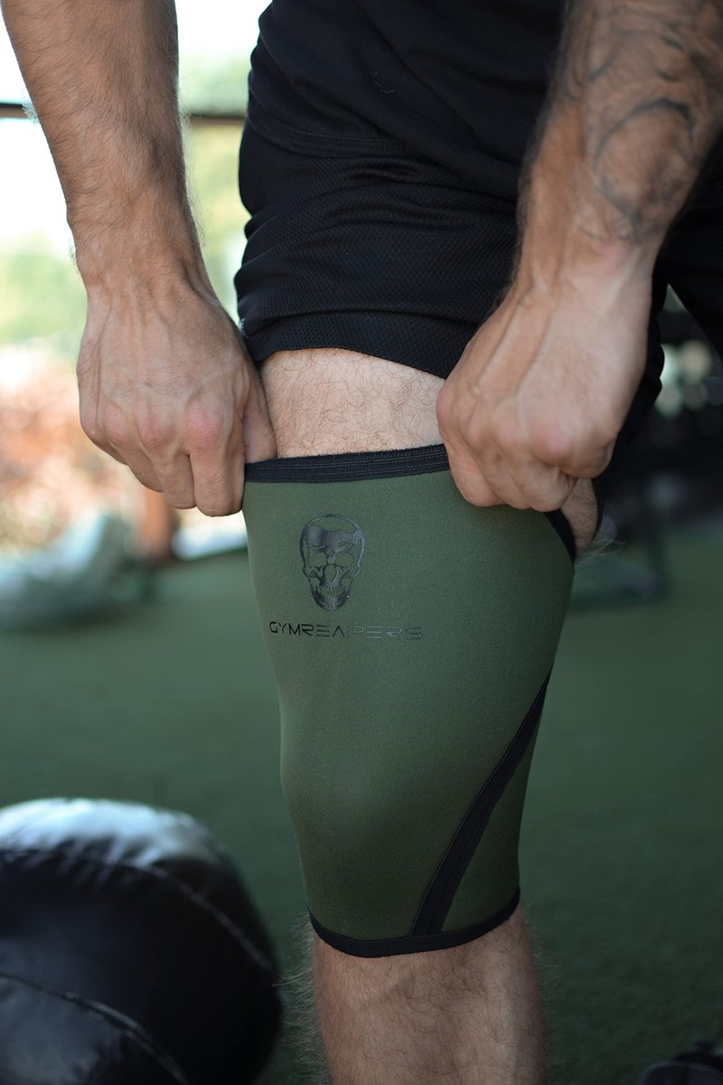 Gymreapers Knee Sleeves (Pair w/Bag) - Knee Compression Sleeve Support Squats, Weightlifting Powerlifting 7MM Neoprene Sleeves - 1 Year Warranty (Military Green/Black, Medium)