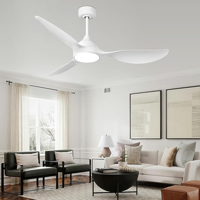 reiga 52 inch White Modern Ceiling Fans with Lights Remote Control, Quiet Reversible DC Motor, 3 Blade High Flow for Living Room Bedroom Farmhouse