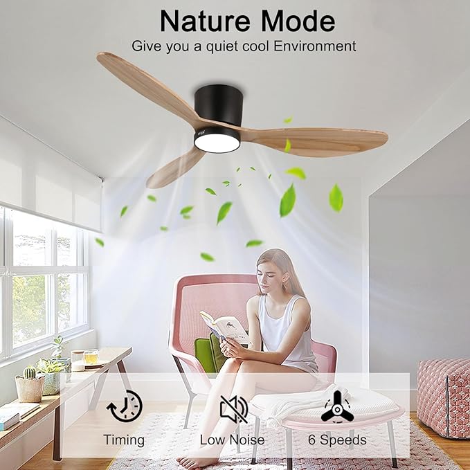 reiga 52" Natural Wood Ceiling Fan with Light and Remote, 3 Blade Flush Mount Low Profile Ceiling Fan for Bedrooom Living Room, Quiet DC Motor