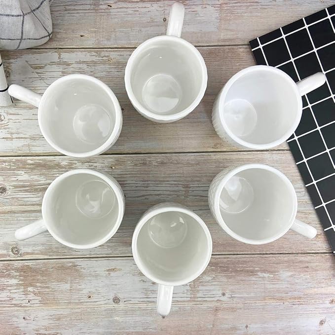 Schliersee 16 OZ Coffee Mugs Set of 6, White Ceramic Coffee Mug, Geometric Pattern Coffee Cups for Latte, Hot Tea, Cappuccino, Mocha, Cocoa, Espresso cups
