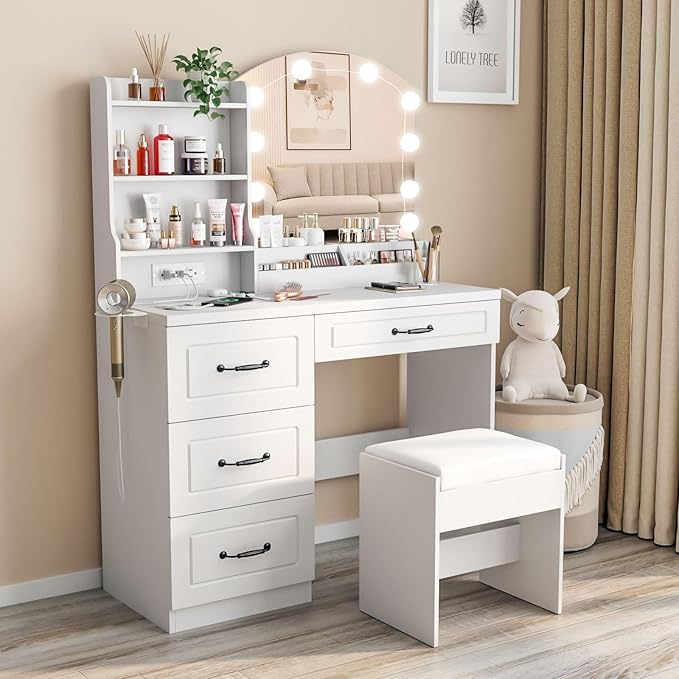 Vabches Makeup Vanity Desk with Lights and Charging Station, White Vanity Set Makeup Table with 4 Drawers Lots Storage, 3 Lighting Colors, Large Size 39.4in(W)