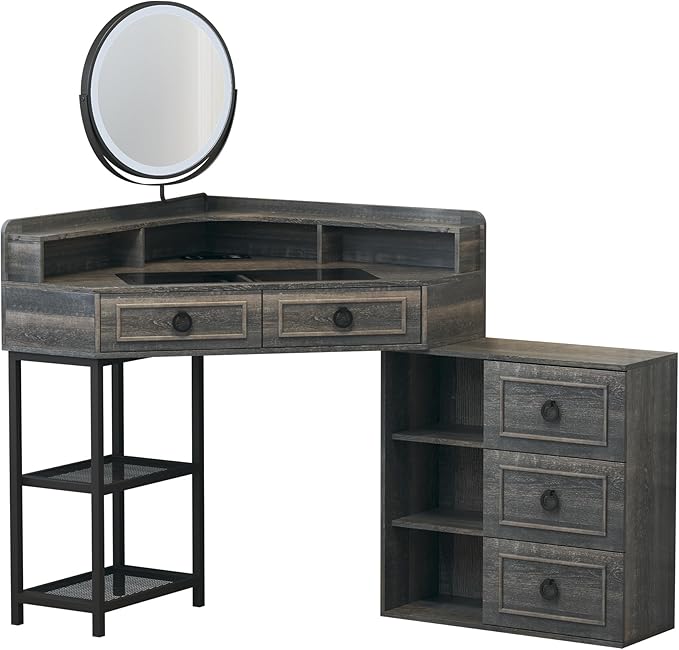 Corner Vanity Desk with Lighted Rotating Mirror and Lights, Glass Top Makeup Vanity with Corner Shelf&5 Drawers, Girls Vanitys with Charging Station,Jewelry Organizers for Bedroom,Brown