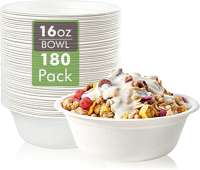 Vplus 180 Pack 16 OZ Compostable Paper Bowls, Bagasse Bowls,White