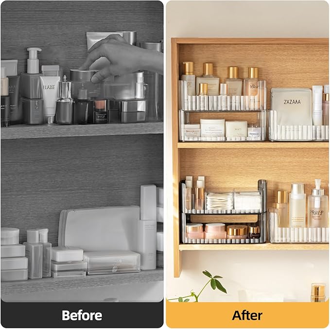 2-Tier Stackable Medicine Cabinet Organizer, Narrow Bathroom Makeup Organizer with Lipstick Holders & Cotton Swab Cases, Clear Countertop Shelf for Mirror Cabinet and Vanity
